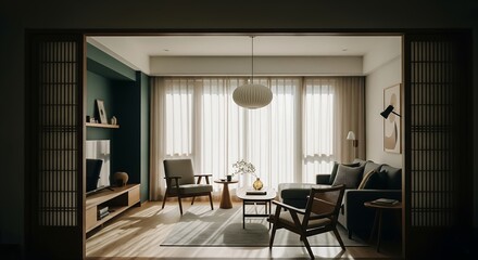 A japandi modern living room with carefully selected furniture and decor for a stylish and comfortable atmosphere