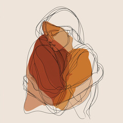 Minimalist line art illustration of a person embracing themselves, symbolizing self-compassion, mindfulness, and emotional healing, clean design with warm earth tones for mental health awareness,mind