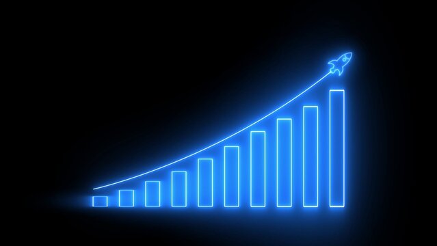 Neon blue bar graph with rocket ascending on black background growth success