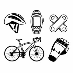 Cycling and bicycle equipment icons isolated on white background, featuring helmet, watch, bandage, glove for outdoor activity