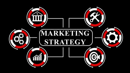 Marketing strategy diagram with icons for finance growth tools and targets on black background