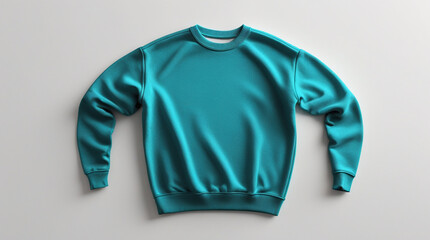 Blank Teal Sweatshirt Mockup with a vibrant teal hue and a relaxed fit, lying flat on a pristine white background, with a subtle sheen to the fabric