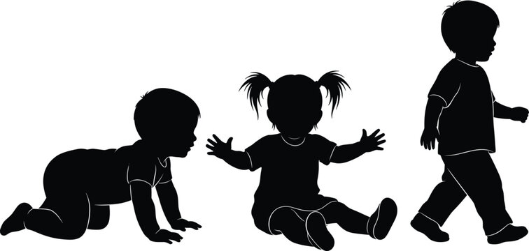 Child movement stages, crawling sitting walking, silhouette vector illustration, early development positions, toddler growth phases, physical milestone chart, posture progression, child mobility