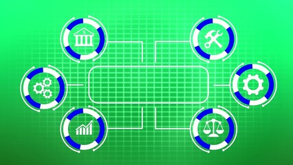 Brand strategy diagram with icons on a green grid background marketing business