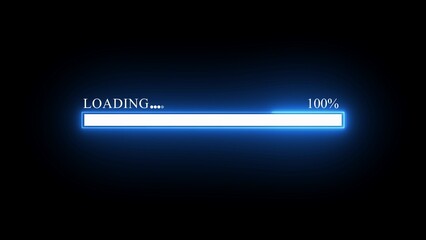 Futuristic Blue Neon Loading Bar at 100 Percent Completion on a Dark Background progress bar