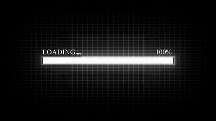 White loading bar at 100% completion on a dark grid background progress technology