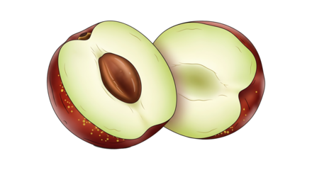 A detailed illustration of a ripe red jujube fruit, cut in half to reveal its inner flesh and seed, isolated on a white background.