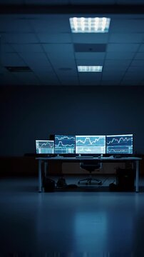 Silent office after hours, a solitary desk bathed in the vibrant glow of monitors displaying fluctuating cryptocurrency charts, highlighting late-night trading.