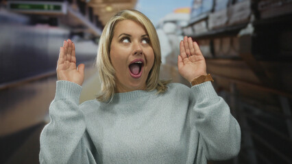 Young blonde woman covers eyes with bare hands in studio while opening mouth in astonishment;...