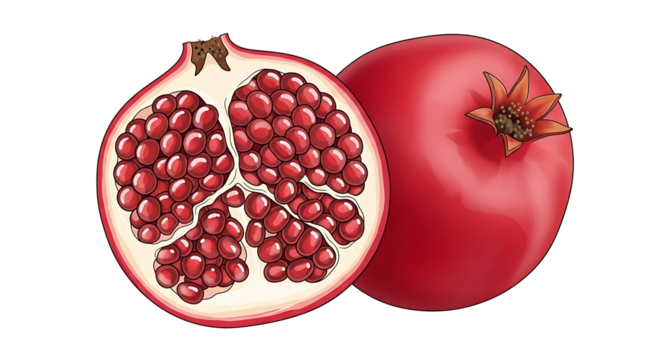 Vibrant illustration of a whole and halved pomegranate fruit with its juicy red seeds, symbolizing health, abundance, and nutrition.