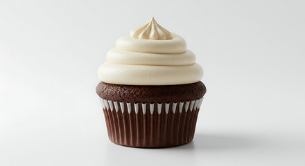 Decadent Chocolate Cupcake with Towering Vanilla Frosting on a Pristine White Background, a Sweet Treat for Celebrations and Individual Indulgence,