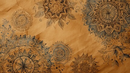 Decorative floral mandala design, hand-drawn on aged brown kraft paper