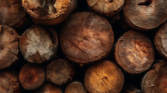 Close-up perspective of a neatly stacked pile of natural wooden logs, revealing intricate textures and diverse patterns of tree rings, ideal for rustic or ecological background designs.