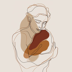 Minimalist line art illustration of a person embracing themselves, symbolizing self-compassion, mindfulness, and emotional healing, clean design with warm earth tones for mental health awareness
