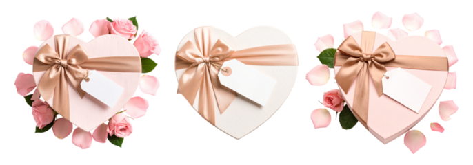 Romantic Pink Heart Gift Boxes Rose Petals Love Bridal Blank Tags Gift on transparent background