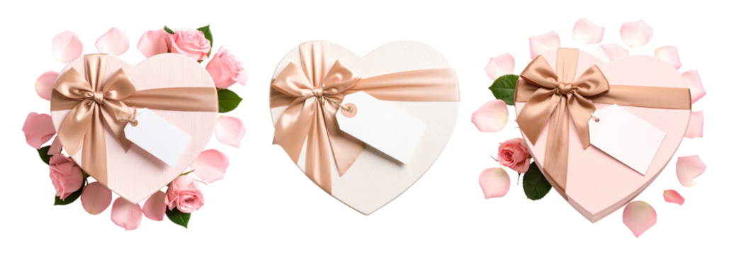 Romantic Pink Heart Gift Boxes Rose Petals Love Bridal Blank Tags Gift on transparent background - Powered by Adobe