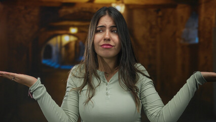 Young hispanic woman in outdoor alleyway, expressing confusion with arms raised, wearing casual clothes, under warm lighting in an urban environment.