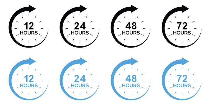 6 to 72 Hours Clock Arrow Icon Set – Delivery, Support & Service Time Vector Symbols.