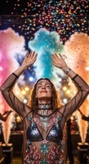 Fototapeta premium Enthusiastic woman celebrating at a vibrant outdoor festival with colorful confetti and smoke , her arms raised in joy , dressed in a sequined top , radiating happiness and excitement