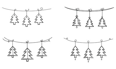 Christmas tree garland icon set with hanging festive decorations
