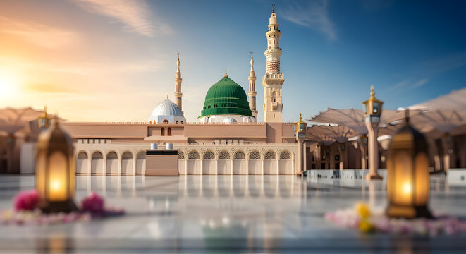 Milad un Nabi Maulid or Mawlid al Nabi Islamic background banner with Madina dome and gold lanterns