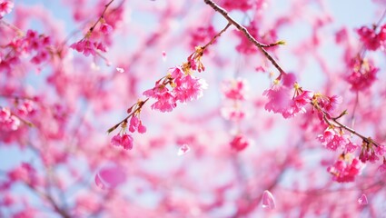 Obraz premium Delicate Cherry Blossoms in Full Bloom with Petals Gently Falling in Spring Sunlight