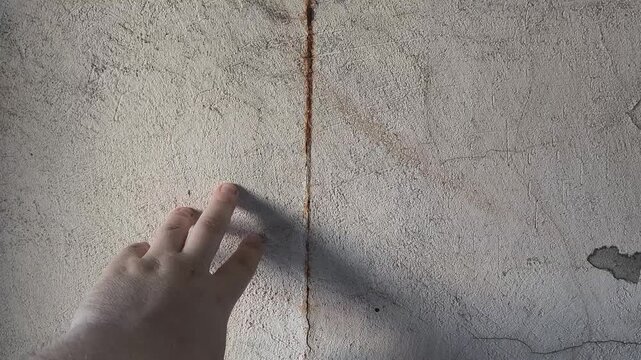 rust on the wall. man touching the wall with his hand. closing leaking zinc roof due to rust with rotten wooden spacers due to rainwater