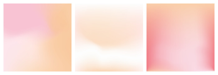 Abstract light peach pink soft gradient background. Pale pink pastel color texture. Set of 3 square vector poster. Aura fuzz pink beige bg for banner, social media, beauty, cosmetics, wedding design