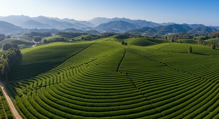 Tea Plantation Panorama: An aerial perspective reveals the rolling hills of a tea plantation, a tapestry of neatly arranged rows of tea plants stretching toward the distant, hazy mountainscape.