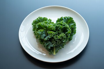 Fresh kale arranged artfully on a white plate, perfect for healthy eating concepts, wellness blogs, and culinary projects