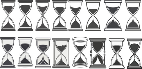 Fototapeta premium Multiple hourglasses displaying different stages of sand flow and varying designs time measurement icons