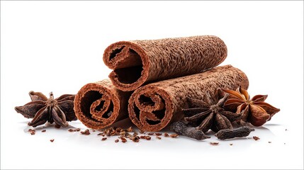 Chocolate Cinnamon Rolls Stacked With Star Anise On White Background
