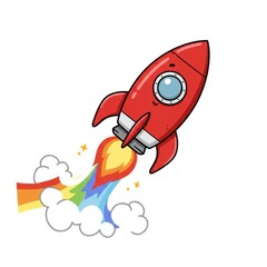 Red Cartoon Rocket Launching with Rainbow Trail