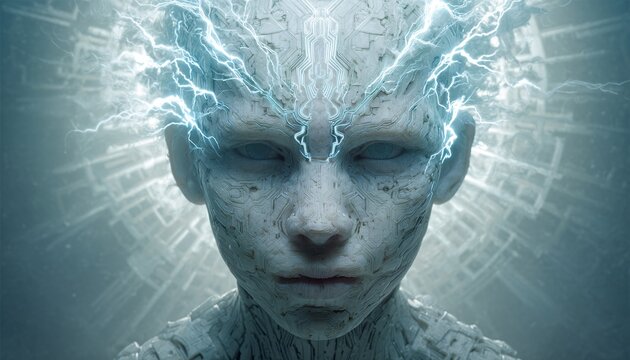 Ritratto di un bambino con energia elettrica che emana dalla testa, concetto di intelligenza artificiale e futuro.