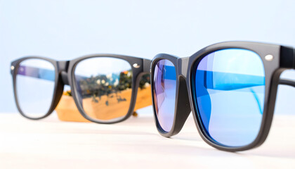 Stylish contemporary black-framed glasses with vibrant blue reflective lenses capturing light