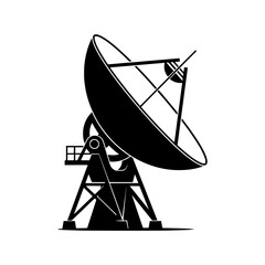 Detailed black silhouette of a large industrial radio telescope dish antenna on a white background isolated on transparent background