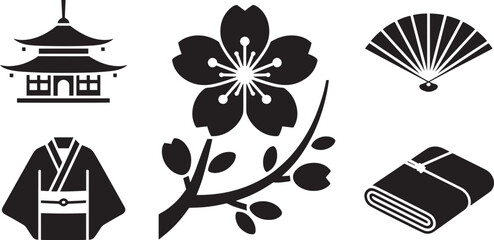 Fototapeta premium Japanese Culture Icon Set Temple Cherry Blossom Fan Kimono Branch Towel on Transparent