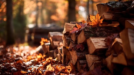 Autumn Harvest Golden Leaves and Stacked Firewood in Rustic Forest Scene