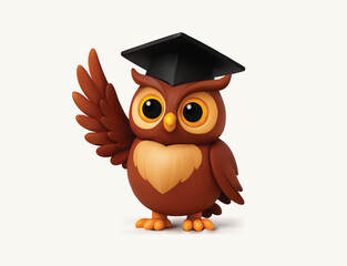 Minimalist wise owl bird cartoon cute 3d character. Vector Owl with Graduation Cap.