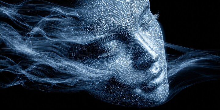 Volto di pietra blu con fumo blu che si avvolge intorno alla testa e al viso su sfondo nero