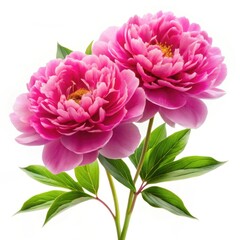 Two vibrant pink peony blossoms with green leaves