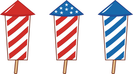 Patriotic fireworks rockets with red white blue stripes and stars celebration holiday