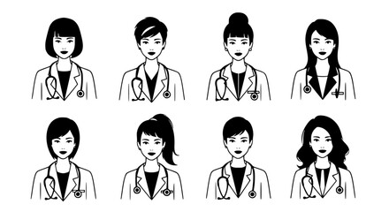 Diverse group of eight female doctors and medical professionals depicted in a simple black and white sketch silhouette style isolated on transparent background