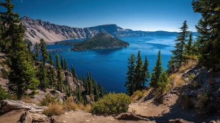 Crater Lake, Oregon. Iconic National Park with Stunning Lake, Hill, and Trees