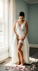 A beautiful bride smiles down at her leg, adorned with a delicate white garter, as she prepares for her wedding day near the window with soft natural light and scattered rose petals .