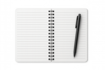 Spiral notebook lying open, blank pages waiting, black pen positioned, transparent backdrop highlighting minimalist stationery setup