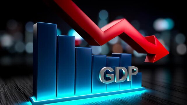 Trade impact stock with GDP bar graph, red arrow, dramatic lighting, negative financial trend, and blurred