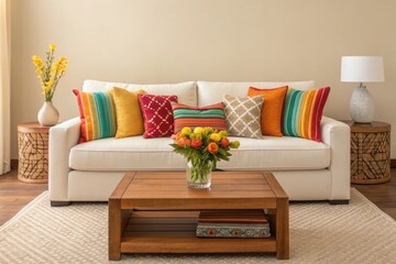 Fototapeta premium White Sofa with Colorful Cushions and Wooden Coffee Table patterned pillows