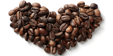 Fototapeta premium Heart-shaped arrangement of roasted coffee beans on a white background showcasing a love for coffee