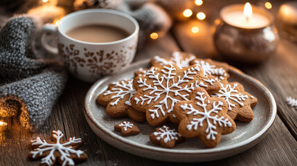 Gingerbread cookies decorated with white icing on a plate. A cup of coffee and candles are nearby. Cozy Christmas setting with festive lights.